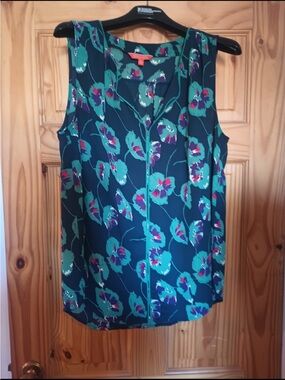 MODCLOTH sz Large Sleeveless Floral V-Neck Shell Top in Teal Navy